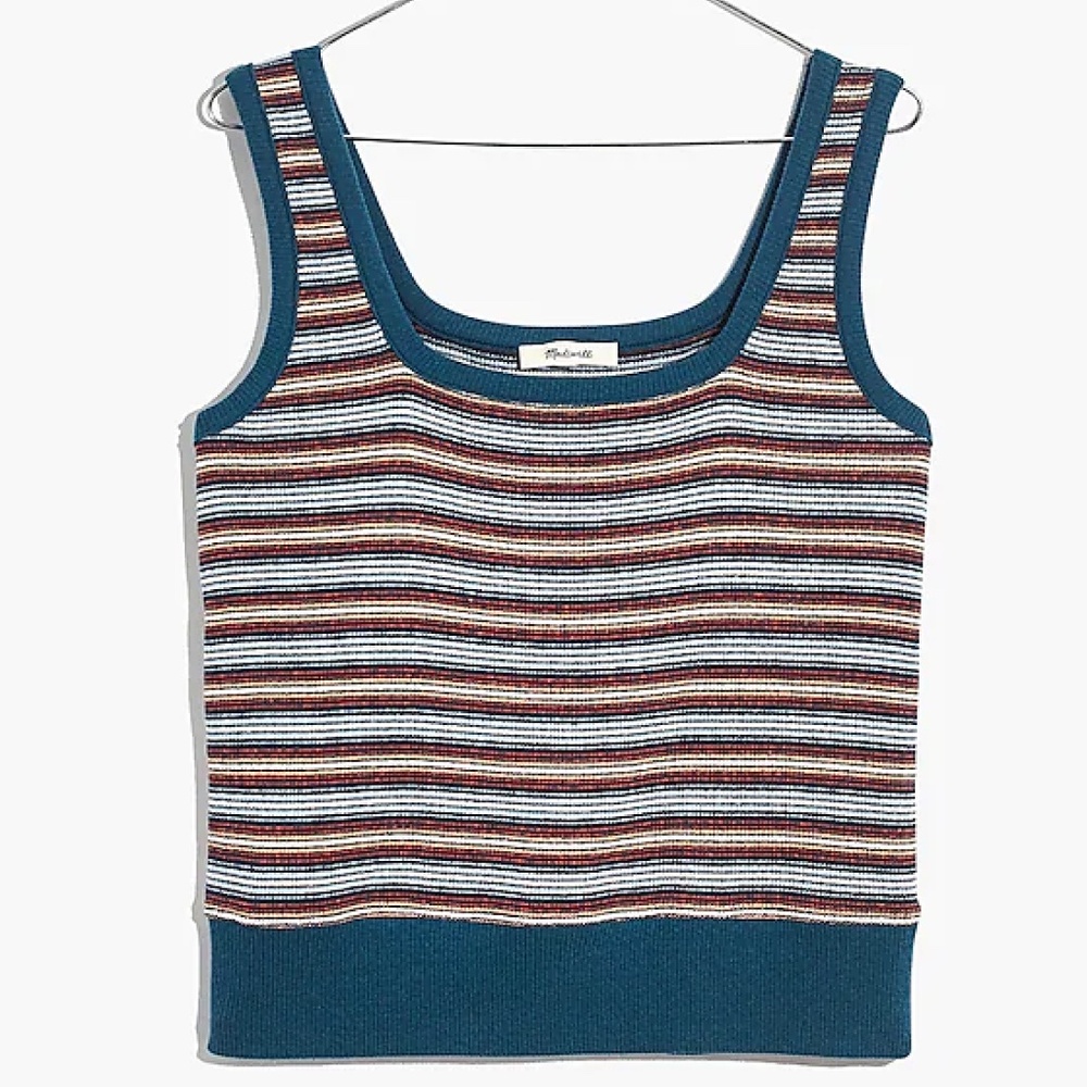 NWT Madewell Striped Textural Square Neck Tank Top Knit Crop Dusty Pool XL